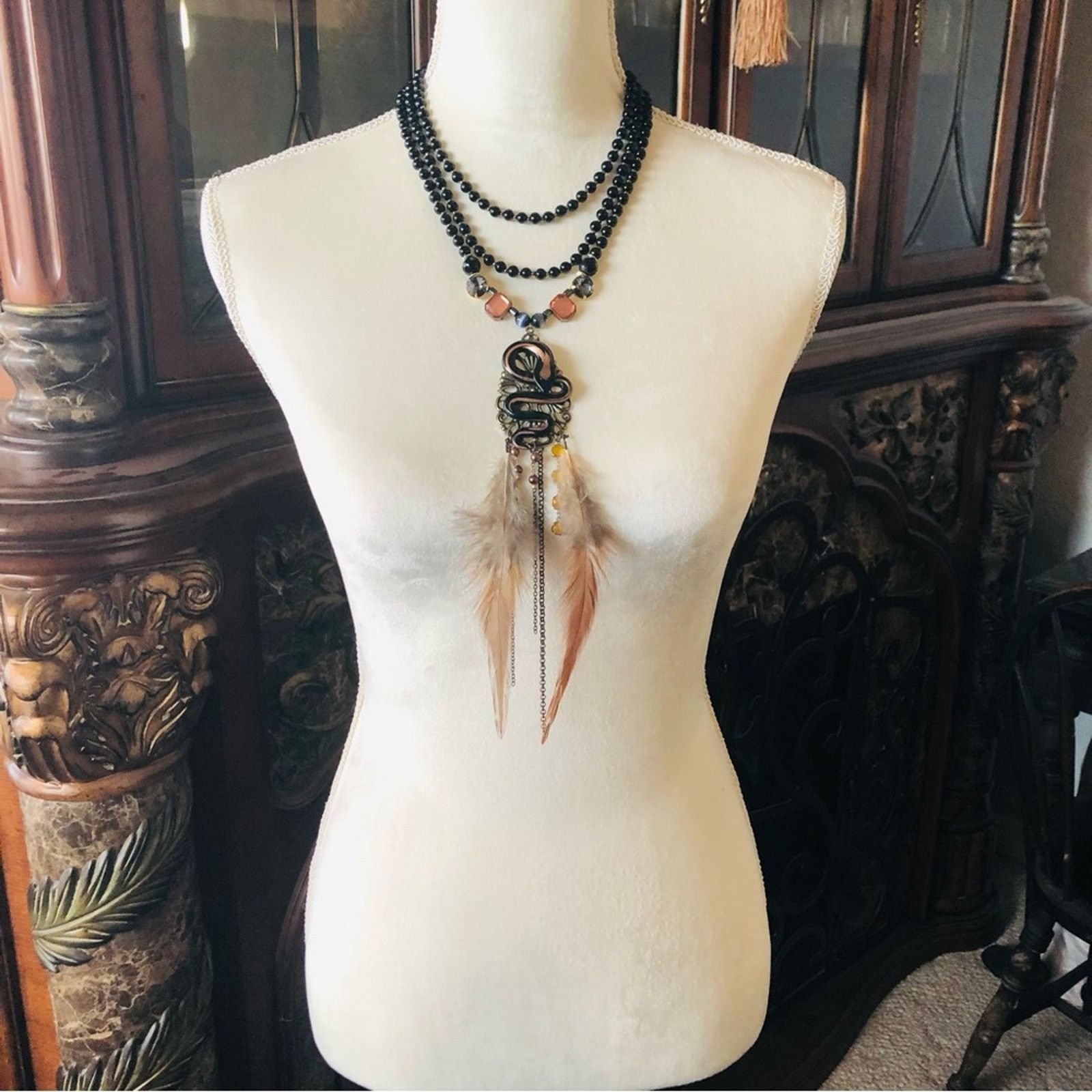 Handmade Handcrafted filigree snake Czech Pearl genuine onyx necklace Size ONE SIZE - 4 Thumbnail