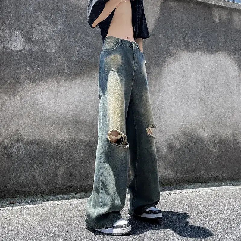 Japanese Brand Retro loose straight leg ripped jeans Size US 32 / EU 48 - 3 Thumbnail