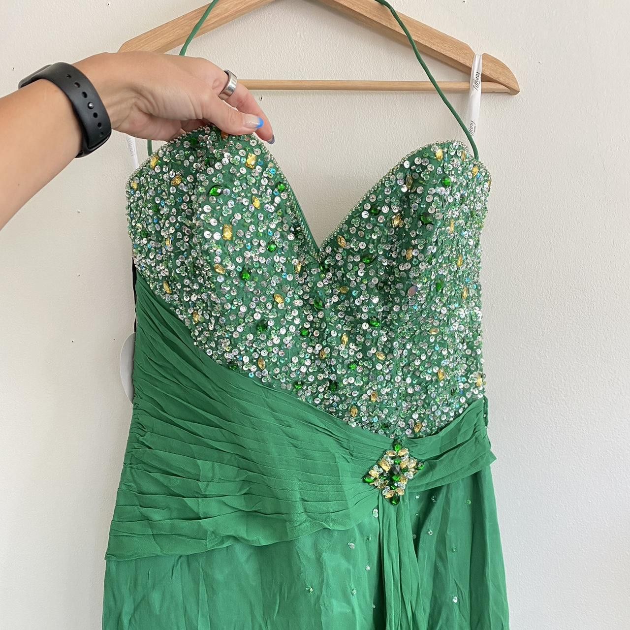 Designer TIFFANY DESIGNS GREEN PROM SILK MAXI DRESS SPARKLE BEADED 12 Size XL / US 12-14 / IT 48-50 - 4 Thumbnail