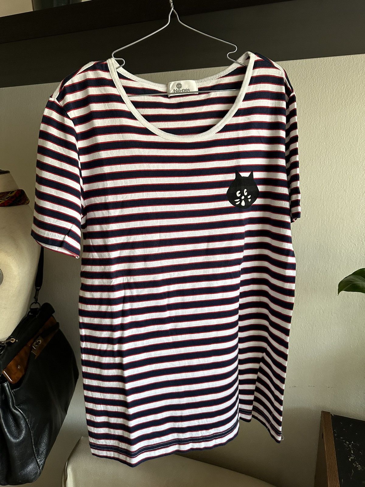 image of Issey Miyake x Ne Net 1990S Ne-Net Stripe Cat Logo Tshirt in Black/White/Red, Men's (Size Medium)