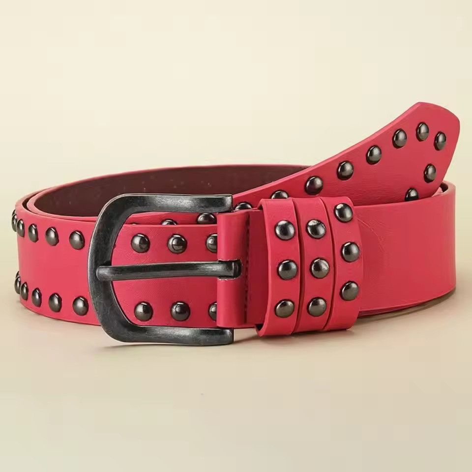Japanese Brand Punk Double-Row Studded PU Leather Belt - Black Y2K Grunge Size 32 - 6 Thumbnail