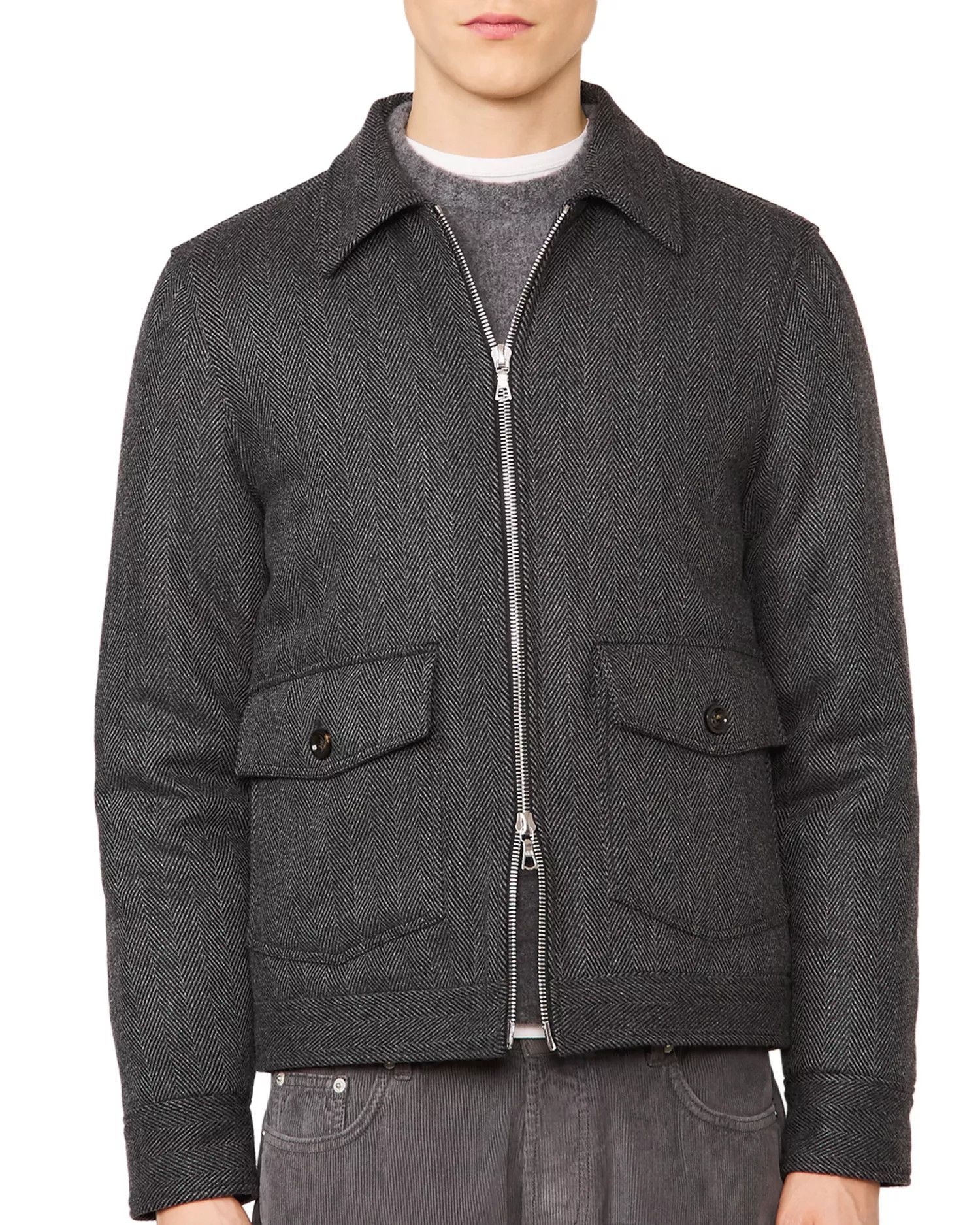 Officine Generale o1mle1025 Submarine Zip Herringbone Wool Coat in Black Gray Size US L / EU 52-54 / 3 - 1 Thumbnail