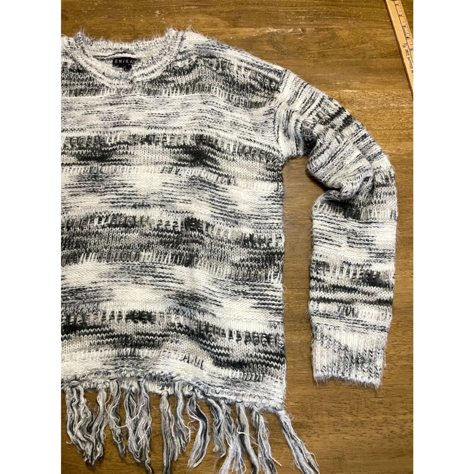 Vintage Navleen Sweater Women's Large Knit Gray White Fringed Hem Pullover NWT Size L / US 10 / IT 46 - 4 Thumbnail