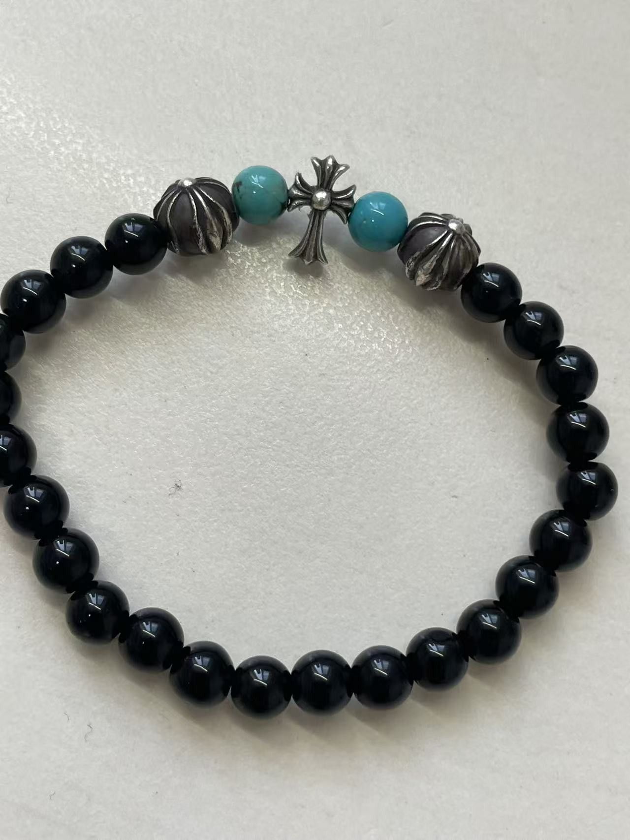 Chrome Hearts Chrome Hearts 6mm Obsidian Silver Cross Beaded Bracelet Size ONE SIZE - 8 Thumbnail