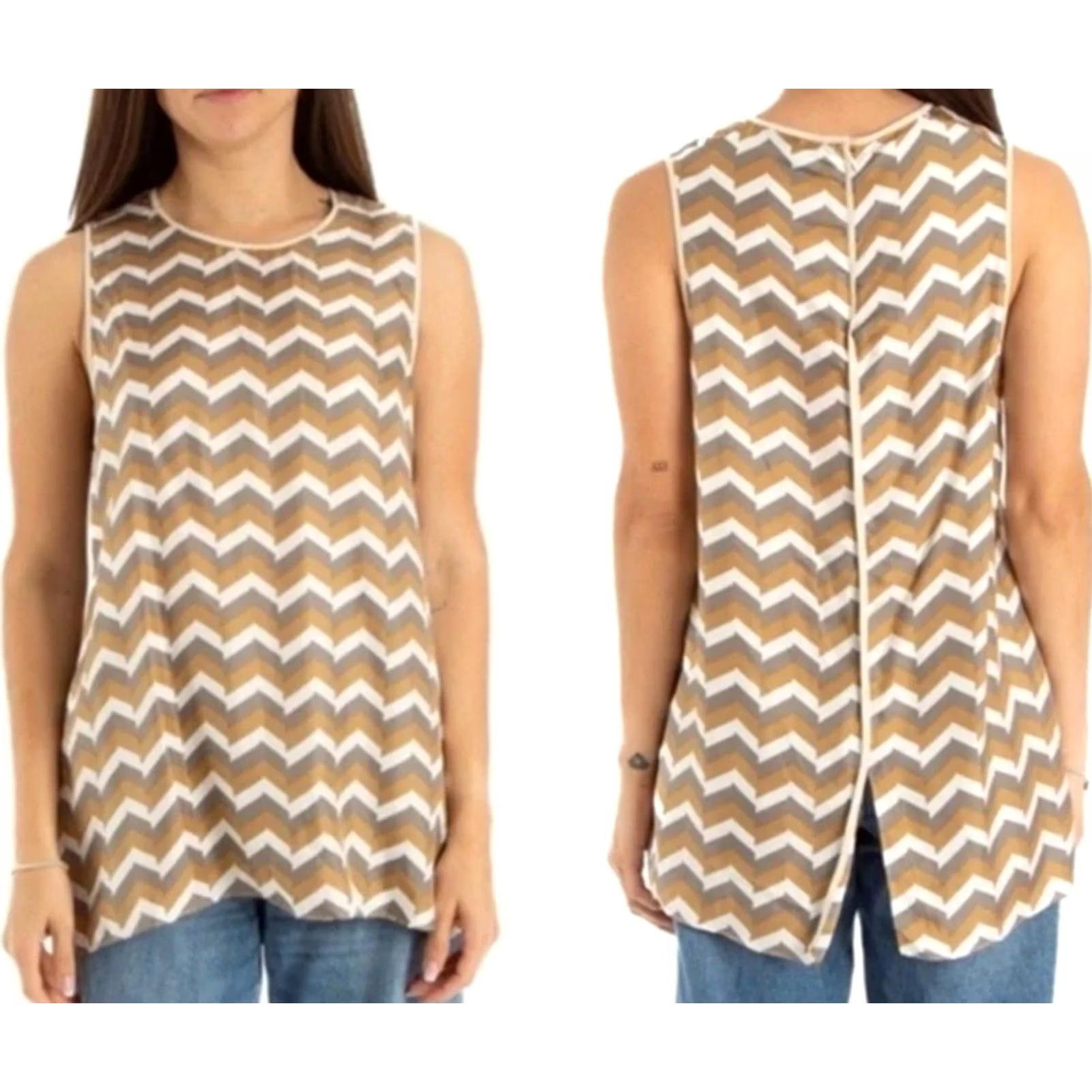 Rag & Bone rag & bone Women's Blouse Chevron Print 100% Silk Sleeveless Tan M Brown Size M / US 6-8 / IT 42-44 - 4 Thumbnail