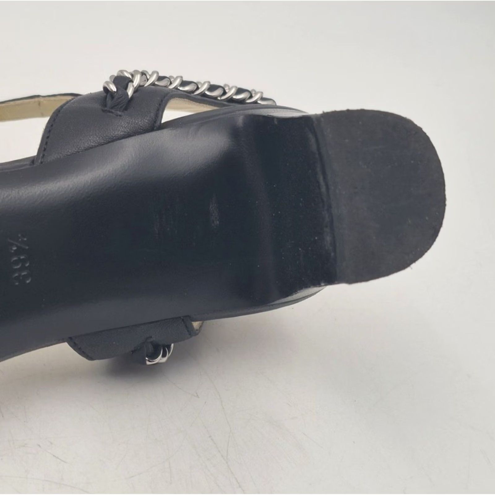 Chanel CHANEL Black Chain T-Strap Sandal Heels 39.5 US 8.5 Silver CC Block Heel Strappy Leather Women Mens Girls Size US 9 / IT 39 - 7 Thumbnail