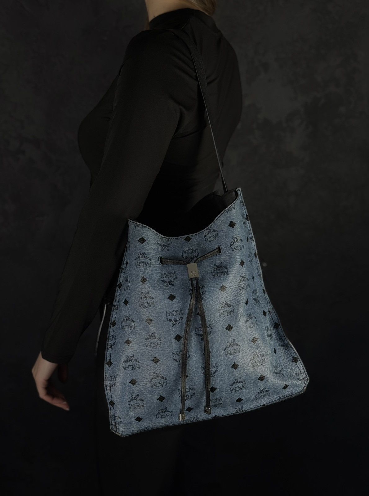 Maison Mollerus MCM Blue Visetos Drawstring Bucket Shoulder Bag Leather Size ONE SIZE - 1 Thumbnail