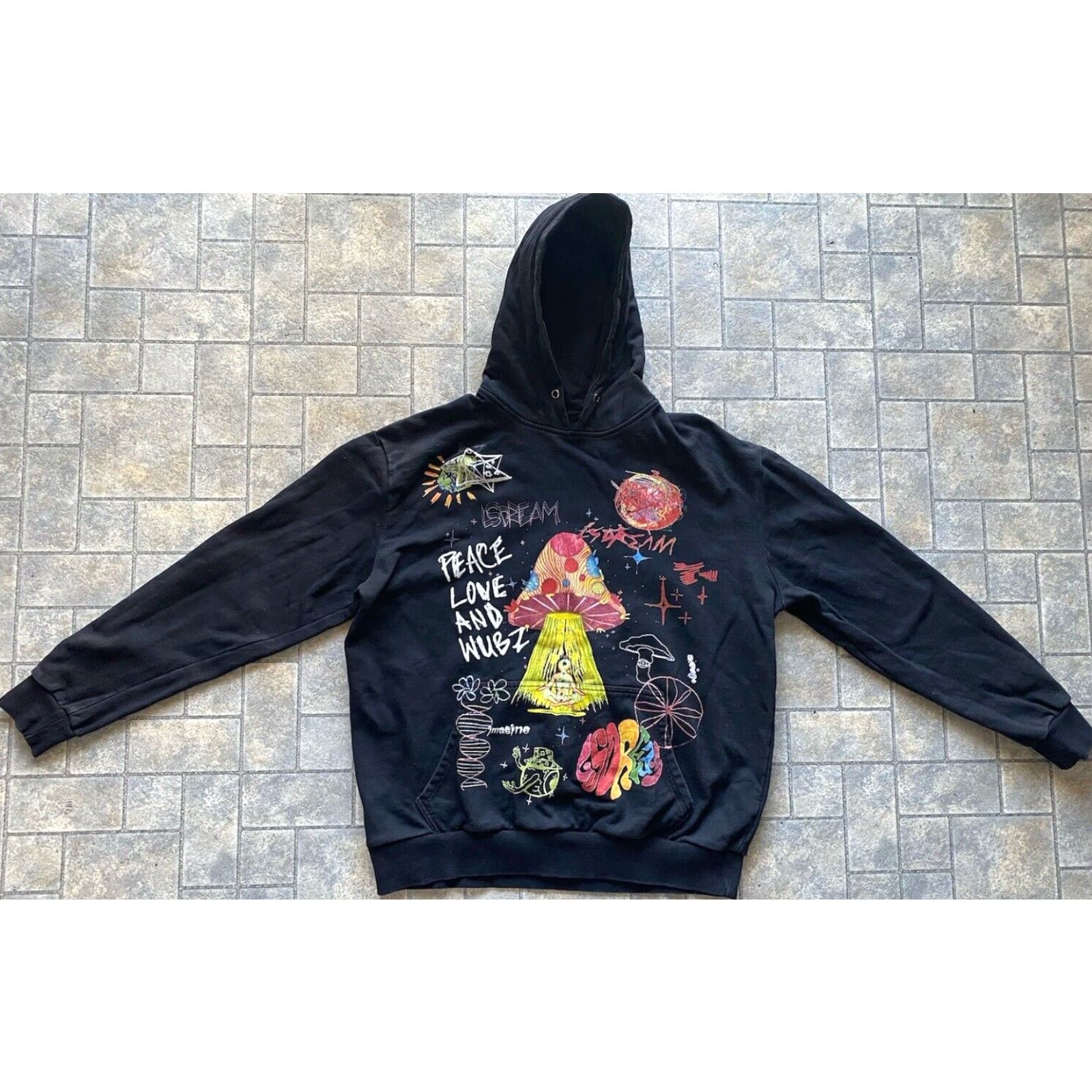 Vintage LSDREAM Hoodie Mens XL Black Pullover Peace Love & Wubz Somewhere Lost In Space Size US XL / EU 56 / 4 - 2 Thumbnail