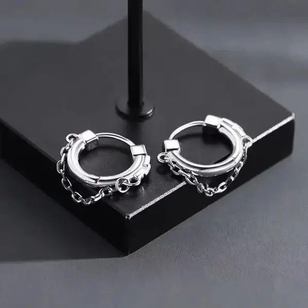 Designer × Vintage 925 Silver Plated Chain Hoop Earrings for Men Women Size ONE SIZE - 2 Thumbnail