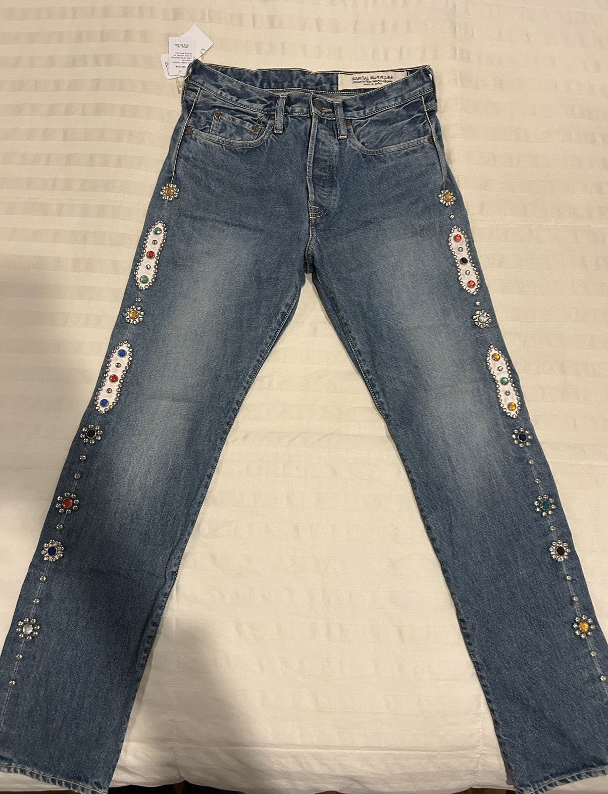 image of Kapital Straight-Leg Embellished Jeans Size 30 in Blue, Men's