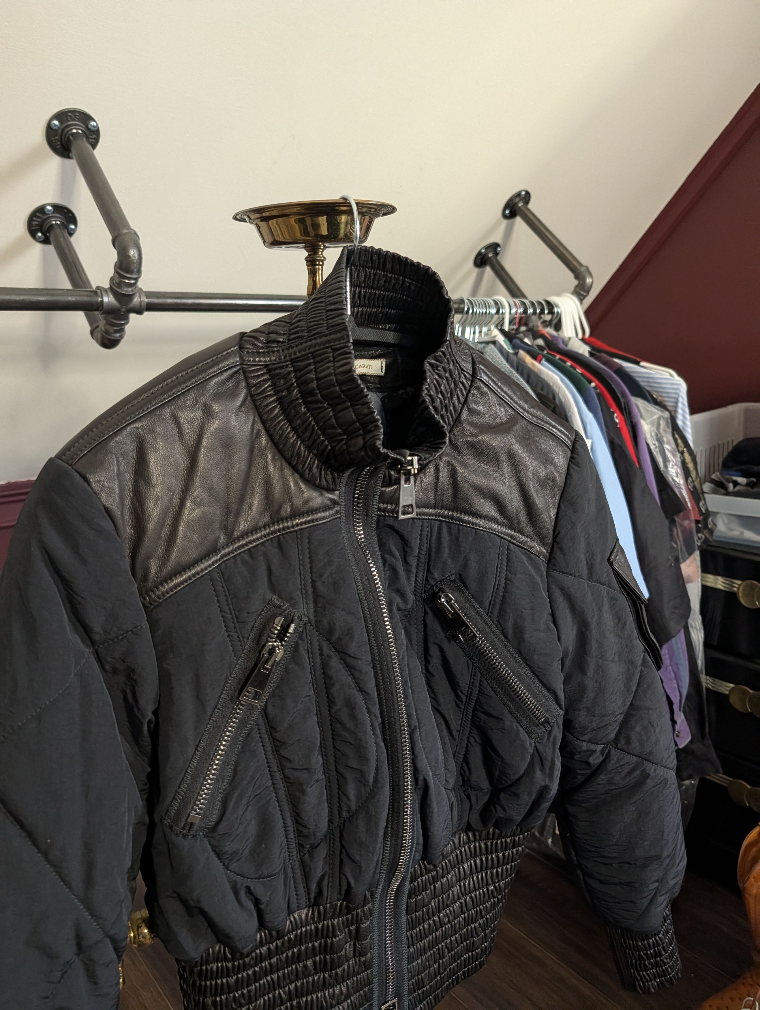 Italia Independent RONCARATI Lamb Leather Quilted Nylon Cropped Bomber Size M / US 6-8 / IT 42-44 - 2 Thumbnail