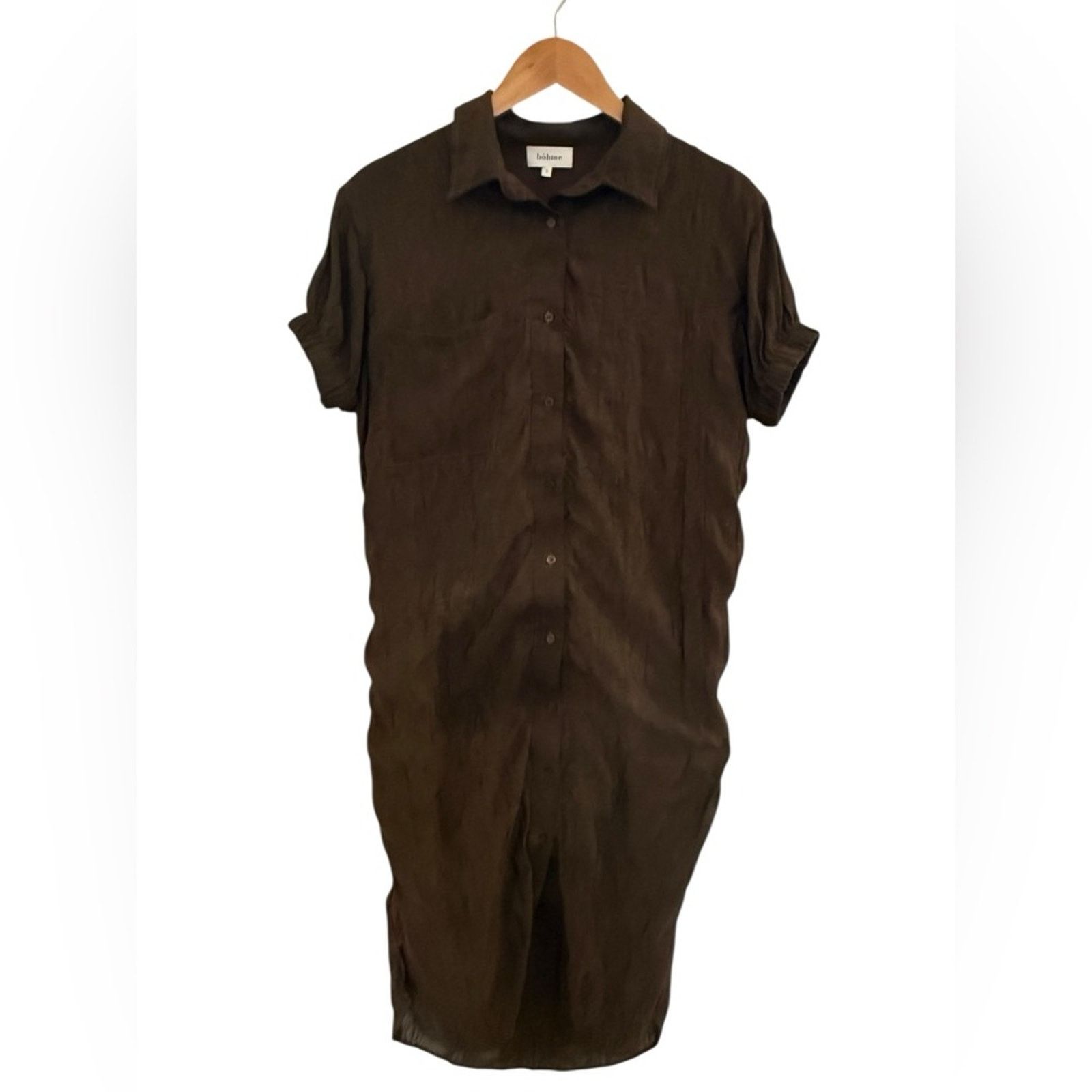 Bhme Button Front Shirt Dress Brown Short Sleeve Lined S