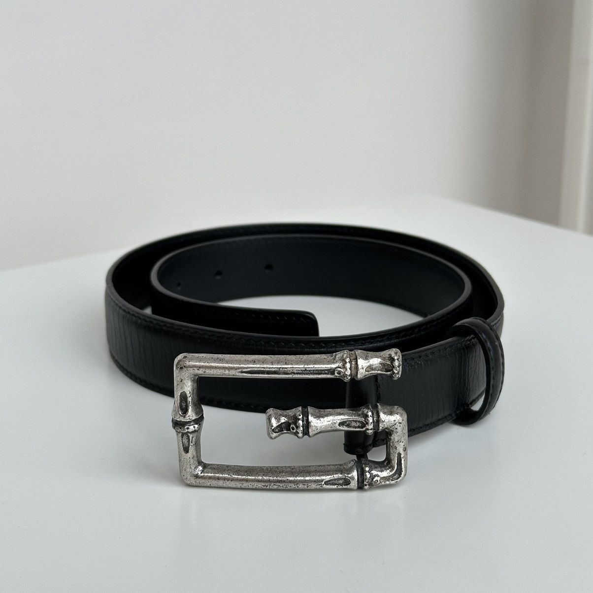 Gucci Vintage Gucci Metal Bamboo Silver Buckle Leather Belt 114637 Size 28 - 13 Thumbnail