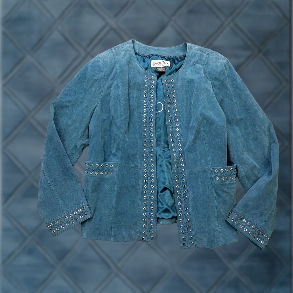 Vintage Bradley Bayou Jacket Womens XL Blue Suede Studded Western Open Front Lined Size XL / US 12-14 / IT 48-50 - 1 Thumbnail