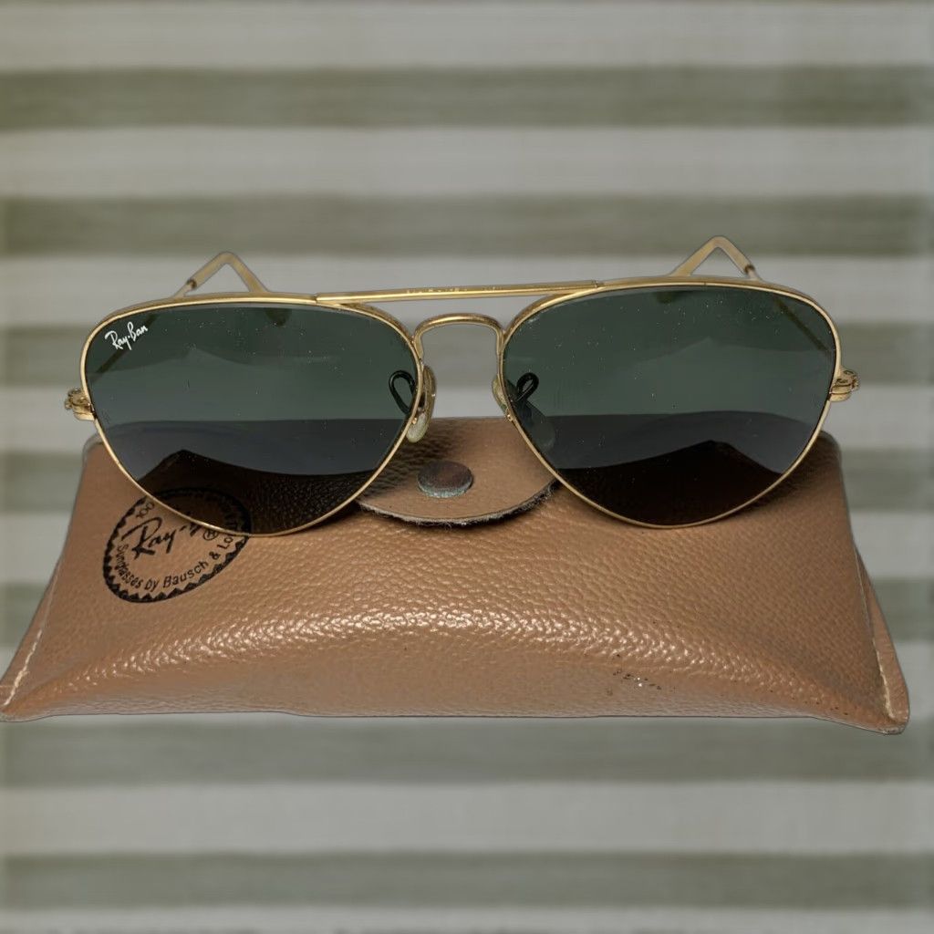 Vintage VINTAGE Ray-Ban Sunglasses Aviator Men 58 14 Gold Frame Green Lenses Case Size ONE SIZE - 1 Thumbnail