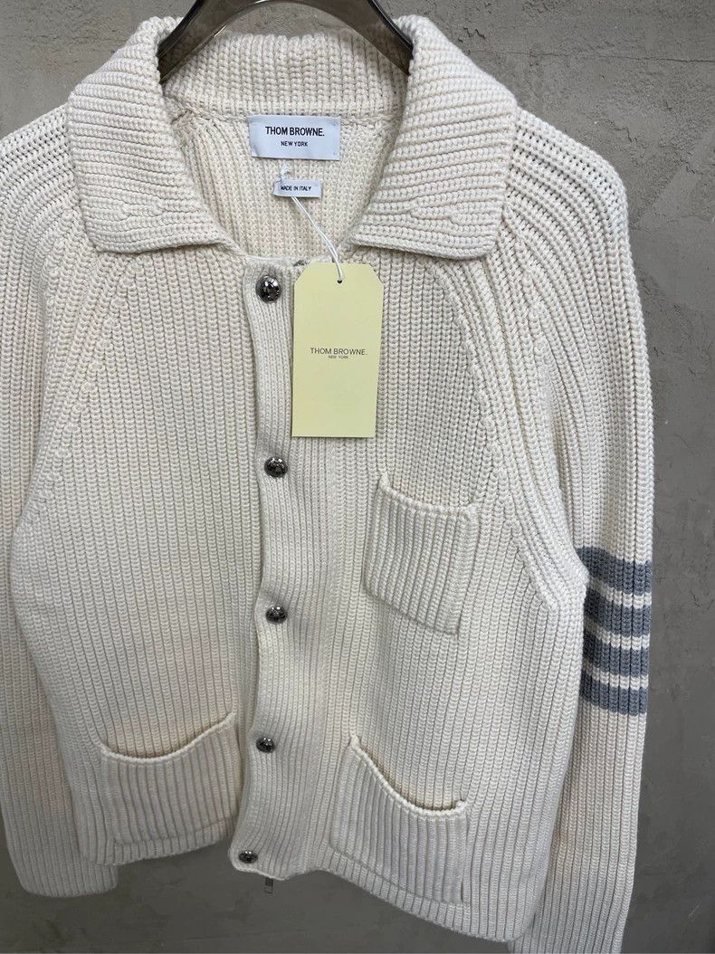 Thom Browne Thom Browne size3 White four stripe wool button zipper swea Size US L / EU 52-54 / 3 - 3 Thumbnail
