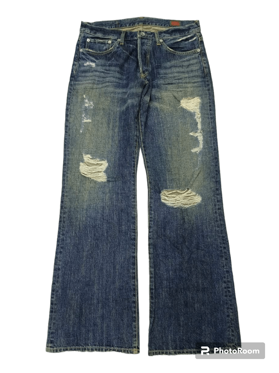 image of Avant Garde x Distressed Denim Flare Riped Twenty Work Denim Pants in Blue Distressed (Size 32)