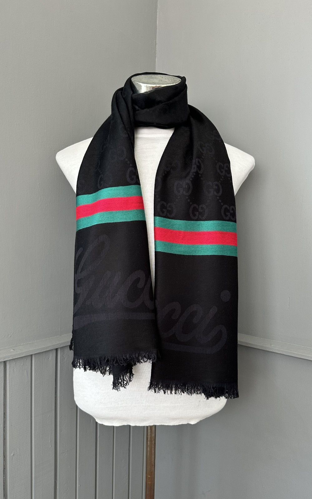 Gucci Gucci Cashmere Silk GG Jacquard Monogram Fringed Scarf Size ONE SIZE - 3 Thumbnail