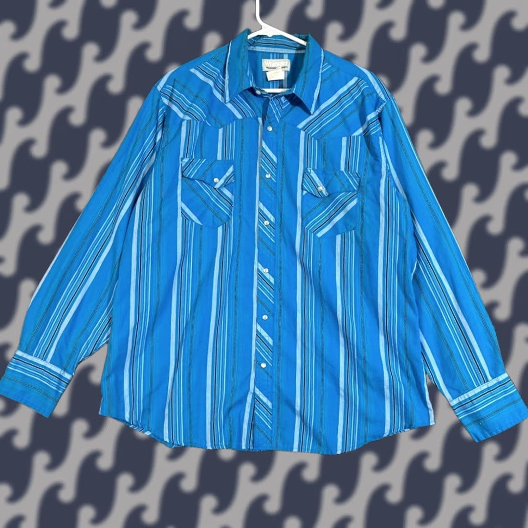Wrangler Wrangler Shirt Western Cowboy Pearl Snap Striped Blue Gray Long Sleeve Men's XL Button Up Size US XL / EU 56 / 4 - 1 Thumbnail