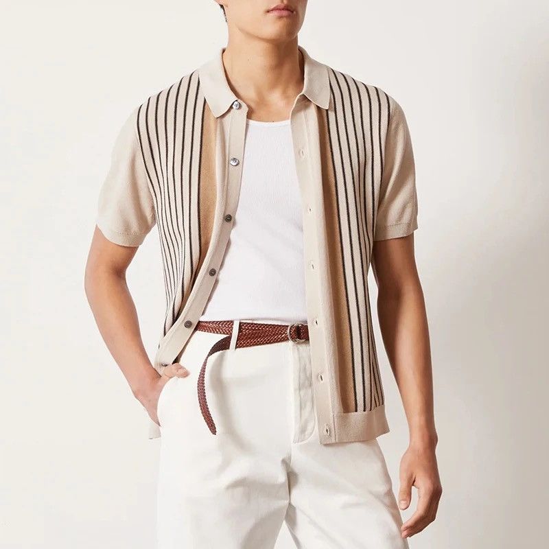 Vintage Striped Buttoned Knitted Short Sleeve