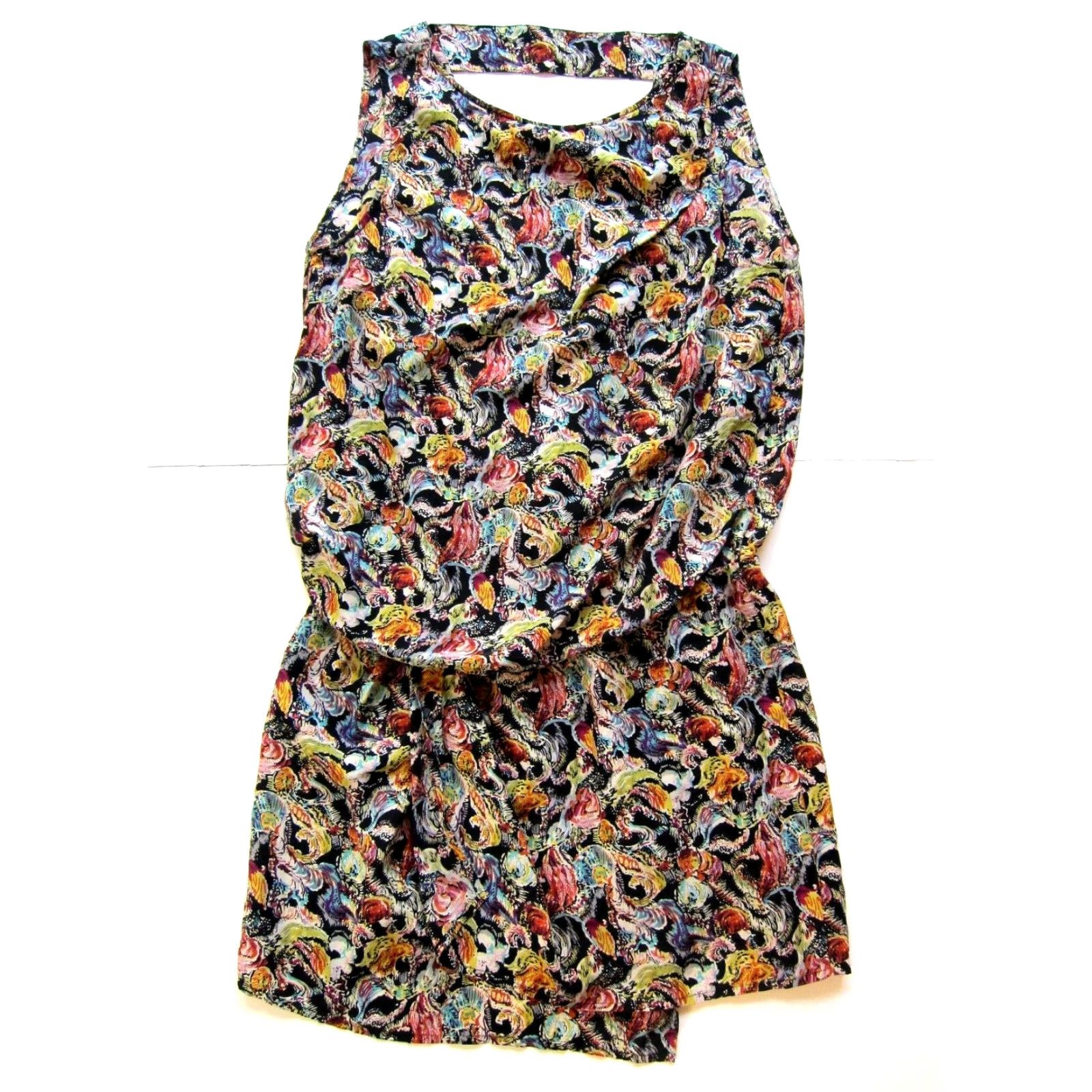 Vintage Stefanel 100% Silk Black Pink Green Floral Sleeveless Tunic Tank Dress 10 Size L / US 10 / IT 46 - 2 Thumbnail