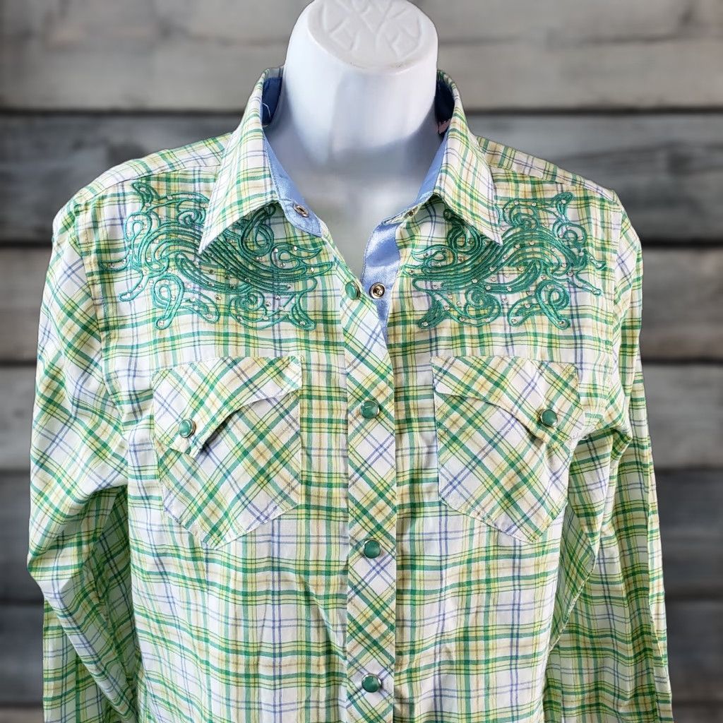 Vintage Danesi Womens Pearl Snap Shirt Sz M Green White Plaid Embroidered Button-Up Shirt/Top Size M / US 6-8 / IT 42-44 - 1 Thumbnail