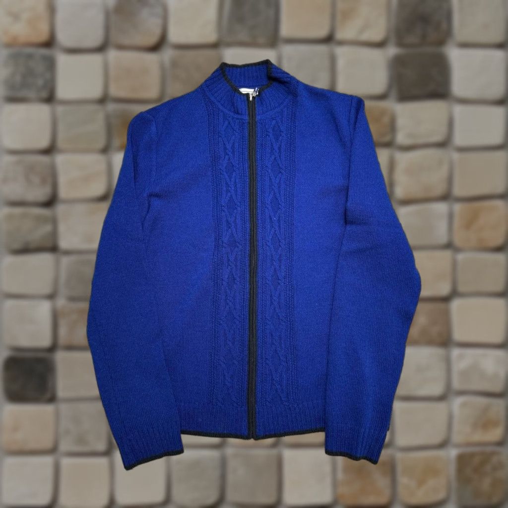 Vintage St John Sweater Shirt Women Small Blue Wool Full Zip Mock Neck Tight Knit Ribbed Casual, Travel 90s Preppy City Classic Size S / US 4 / IT 40 - 1 Thumbnail