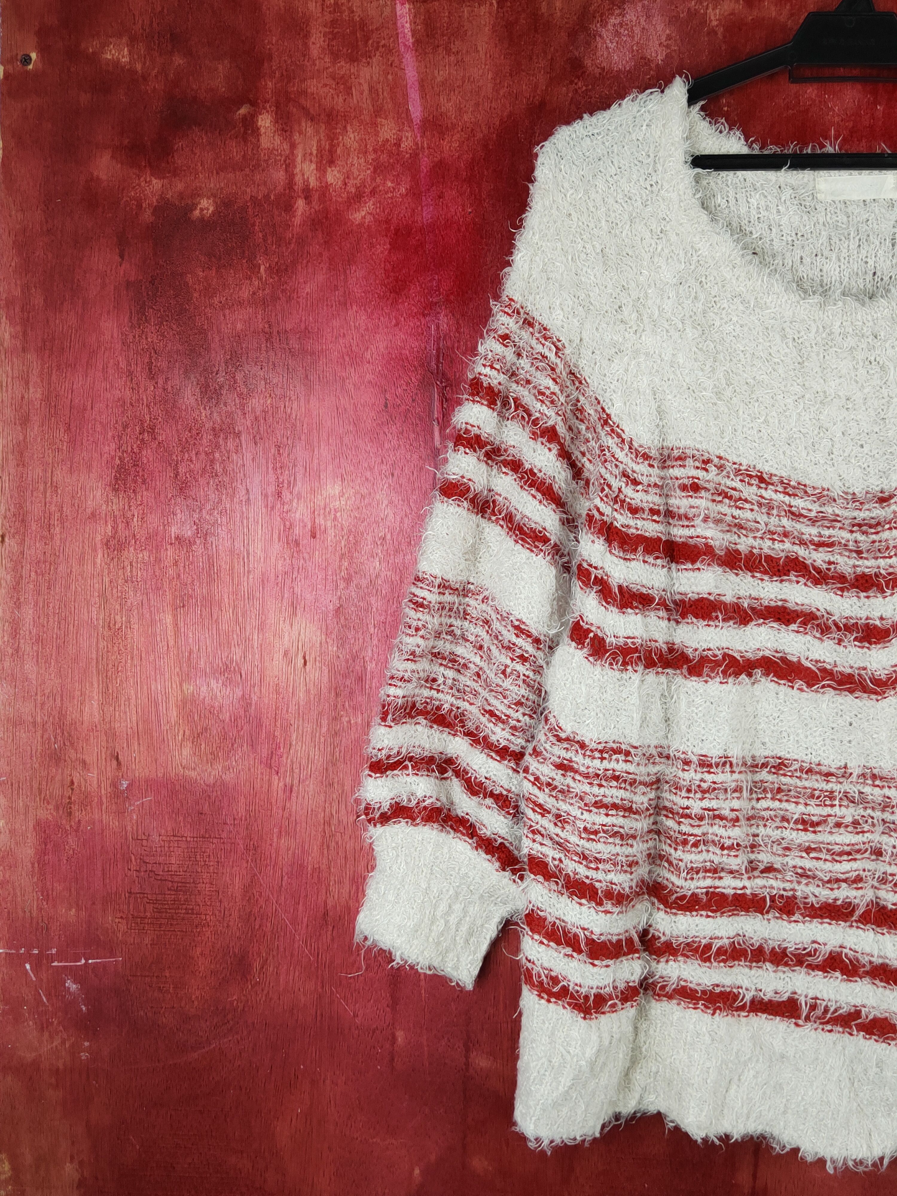 Homespun Knitwear Jeanasis Red White Shag Shaggy Fur Mohair Knitwear #S1936 Size L / US 10 / IT 46 - 3 Thumbnail