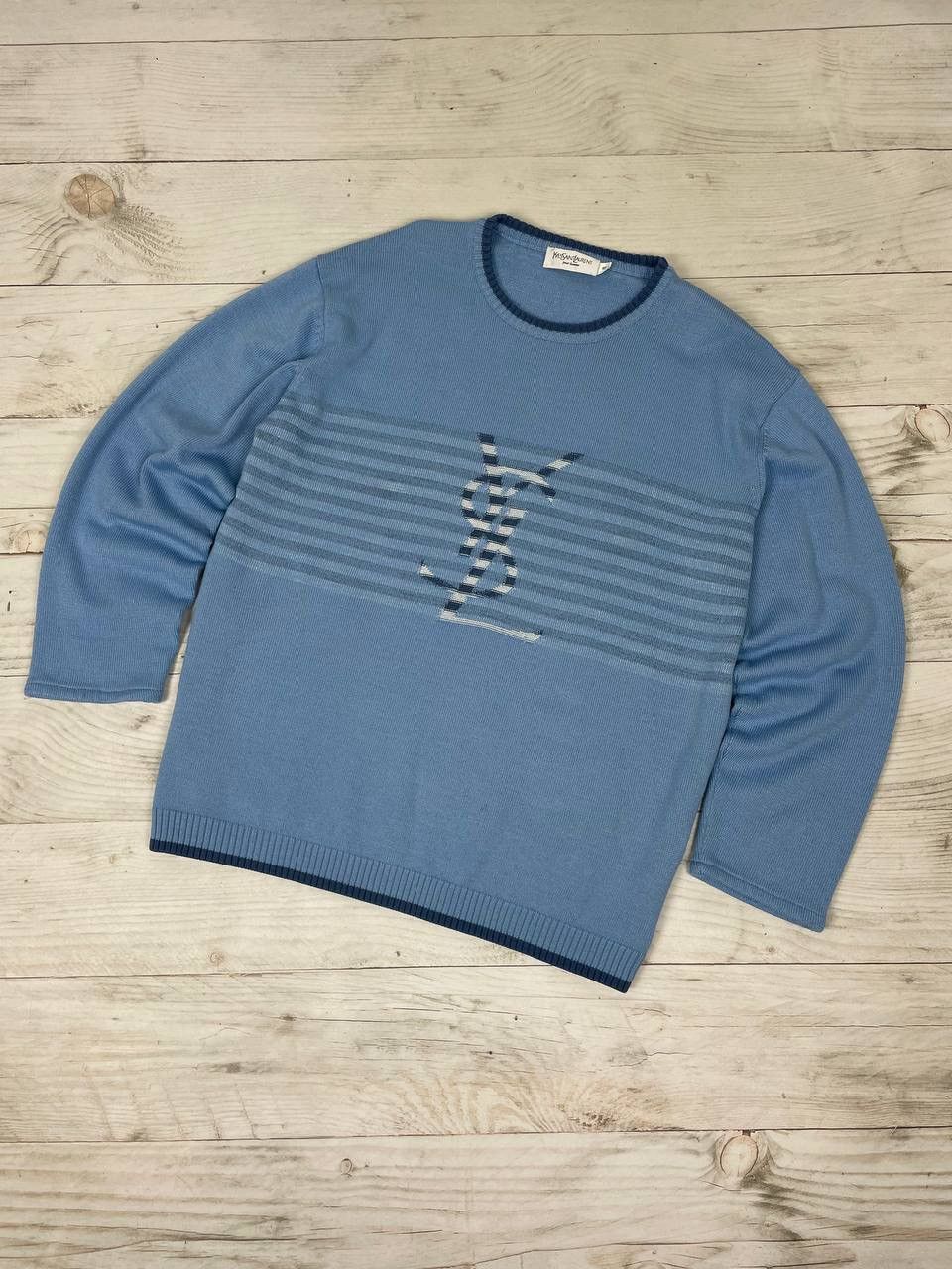 image of Vintage YVES Saint Laurent Sweater Big Logo YSL Striped in Blue, Men's (Size 2XL)