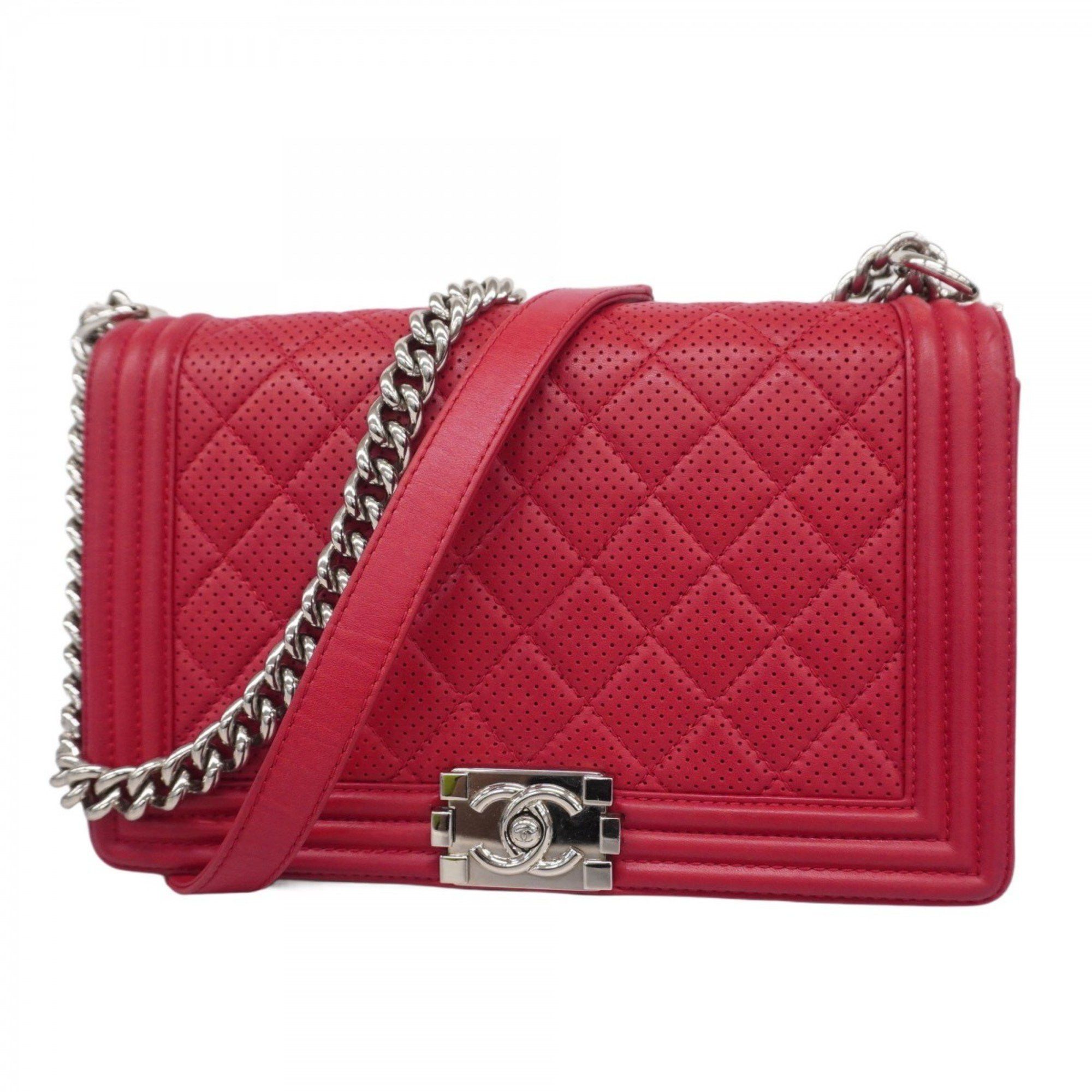 Chanel Shoulder Bag Boy Chain Leather Red Women's