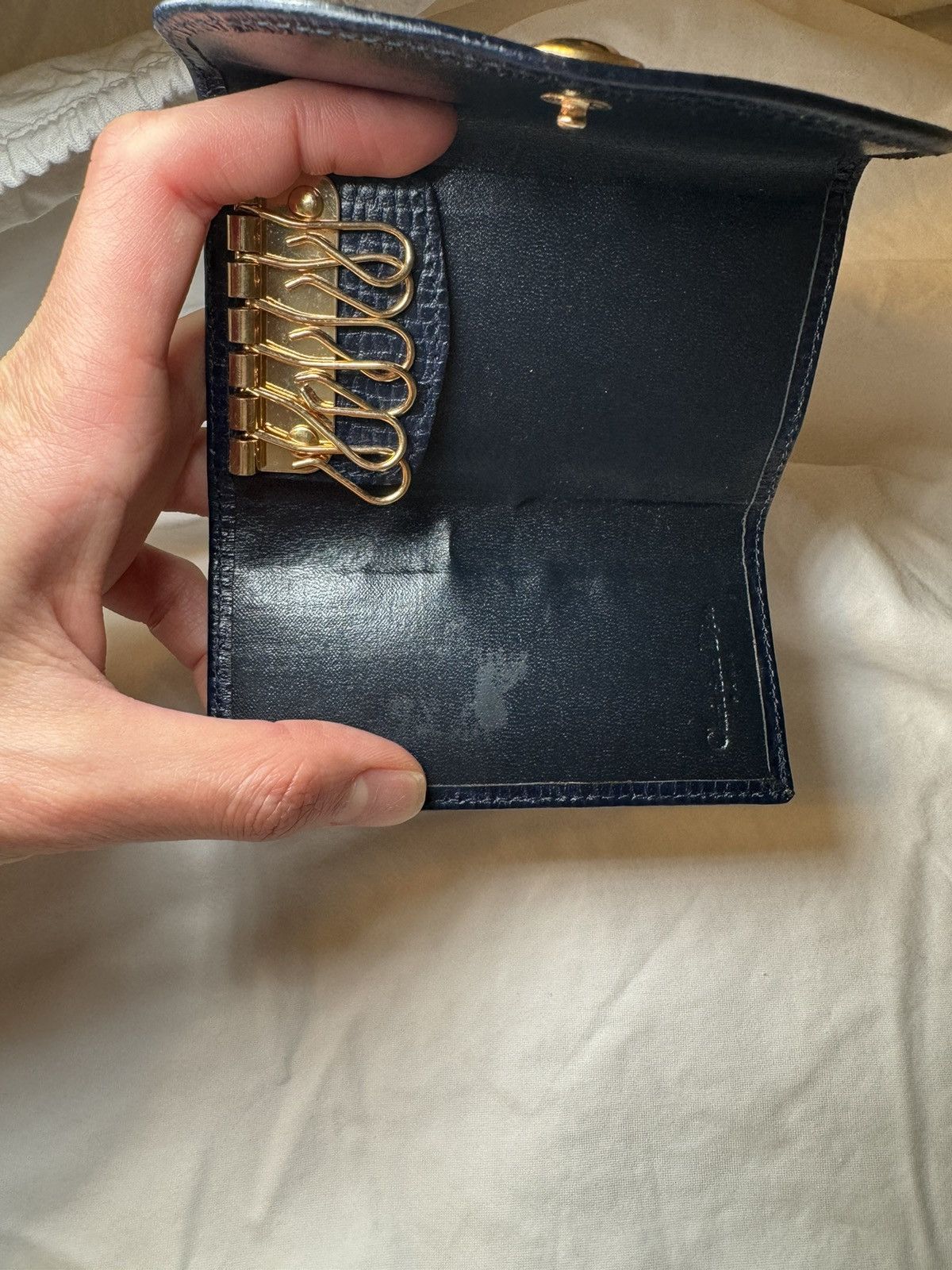 Dior Navy Leather Logo Ring Key Case Card Holder