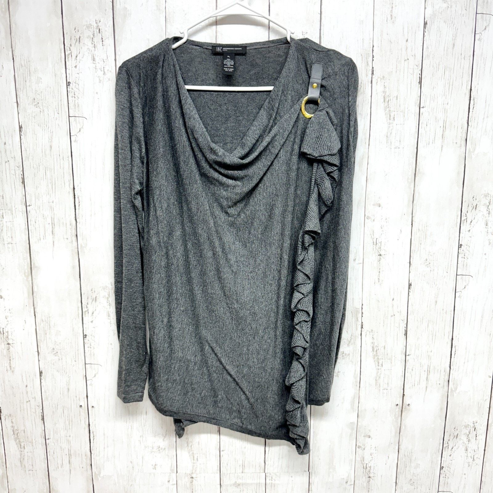 Other INC Concept Size PL Grey Cotton Draper Long Sleeve Ruffled Size L / US 10 / IT 46 - 1 Thumbnail