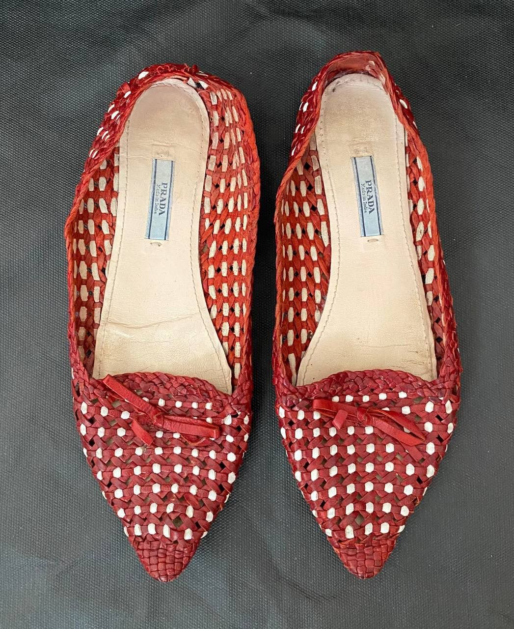 Prada × Vintage 📌Vintage PRADA Y2K Red + Metallic Silver Leather Woven Flats Size US 8 / IT 38 - 1 Thumbnail