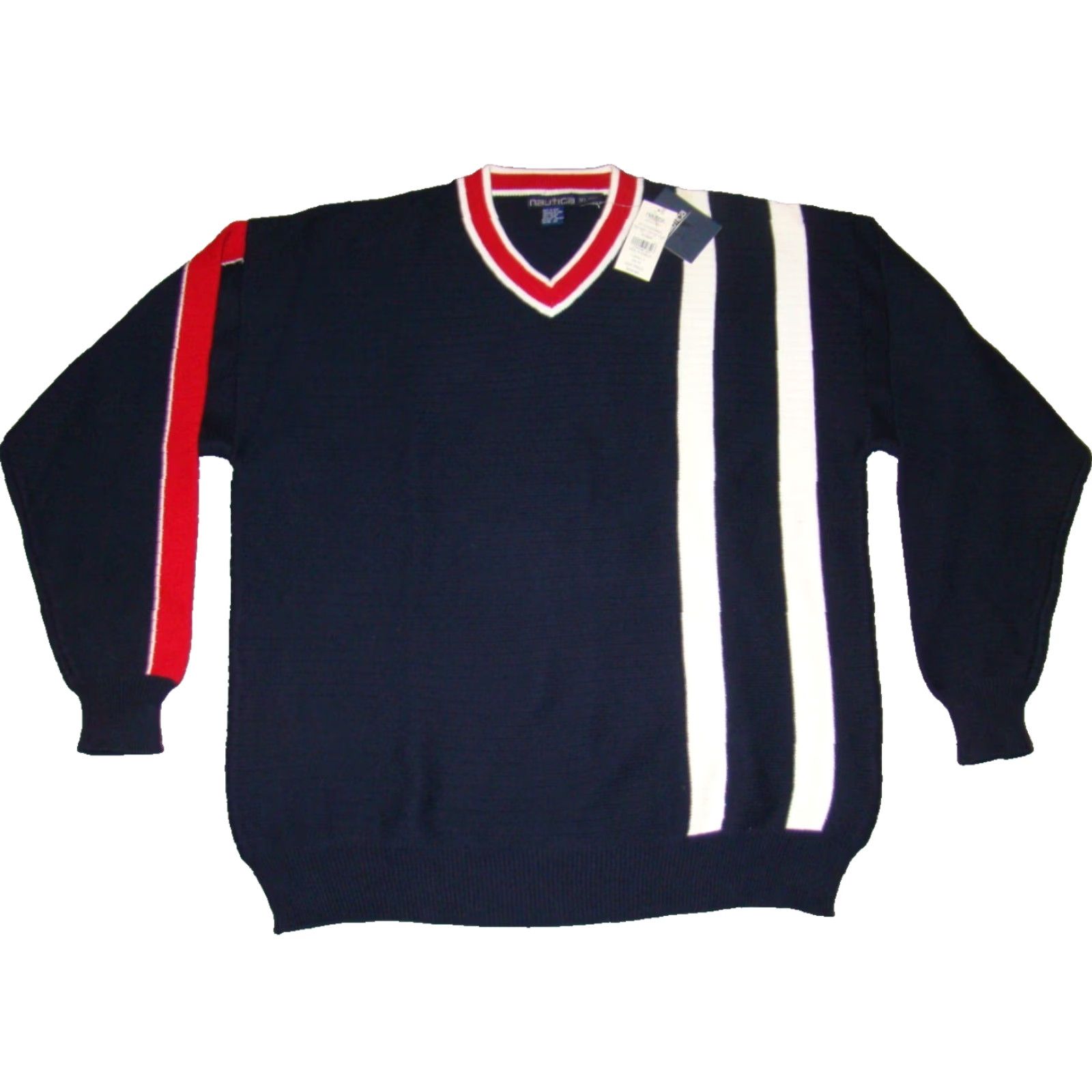 Nautica Nautica Mens XL Horizontal Knit V Neck Red White Blue Striped Sweater Size US XL / EU 56 / 4 - 2 Thumbnail