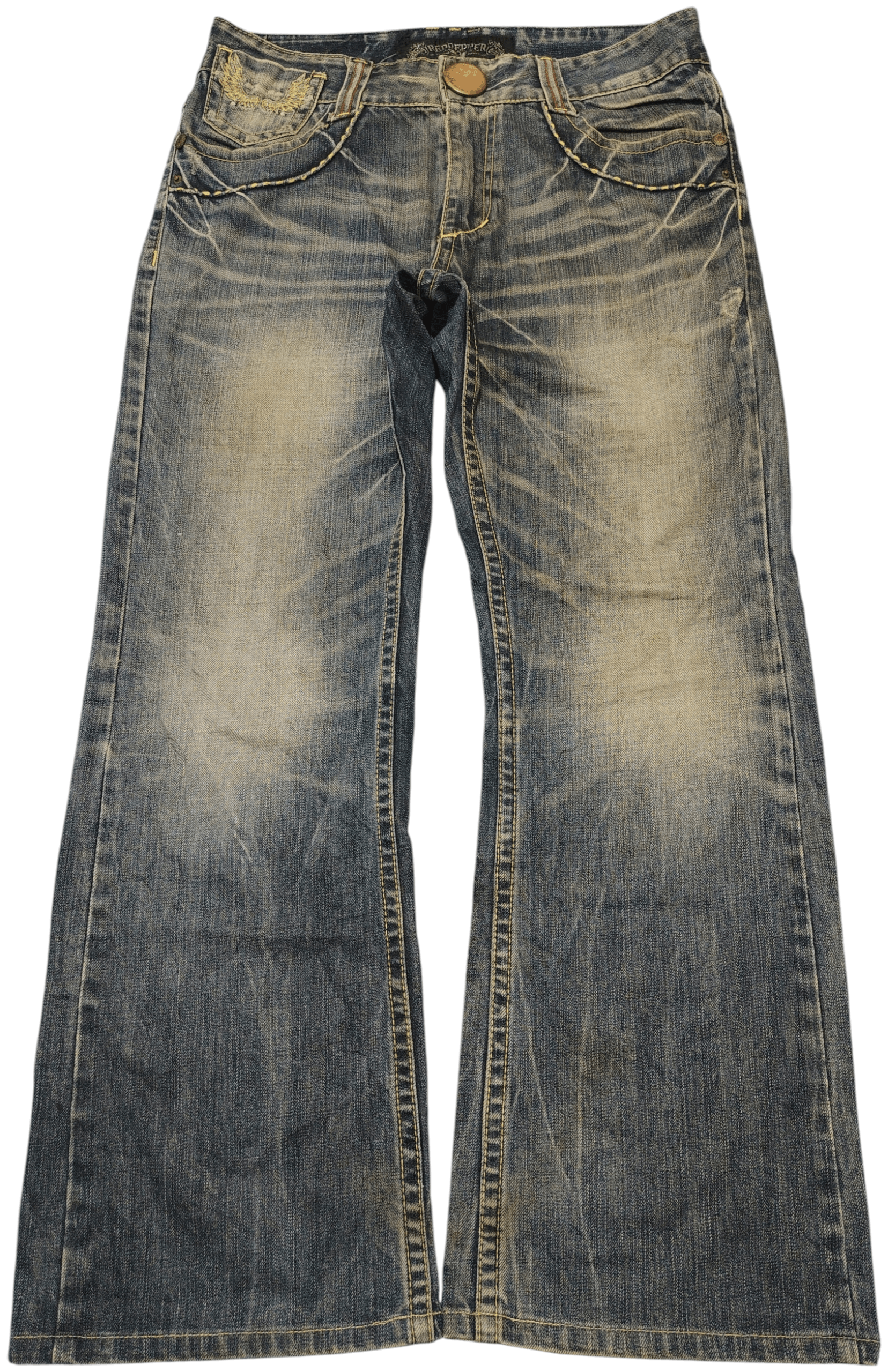 Japanese Red Pepper Flared Jeans Distressed Denim