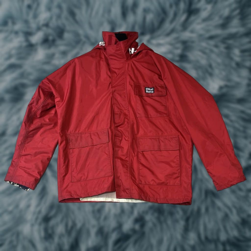 WEST MARINE 100% Nylon RED HOODED MEN'S XL Waterproof Jacket Rain Coat Men XL Red Nylon West Marine Nautical Gear