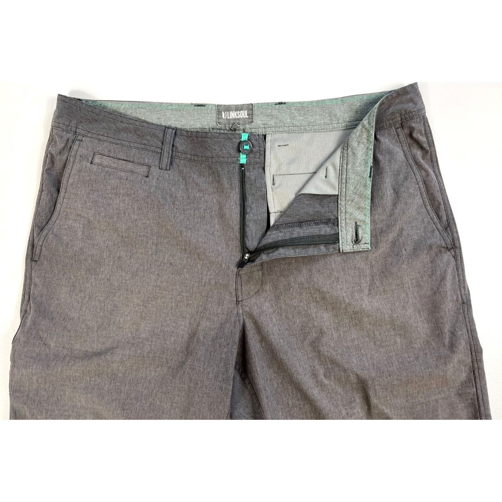 Vintage Linksoul Men's Boardwalker Shorts 38" Waist 10" Inseam Gray Polyester Blend Flat Front Belt Loops Chino Casual Breathable Pockets 10" Inseam Mens Size US 38 / EU 54 - 4 Thumbnail