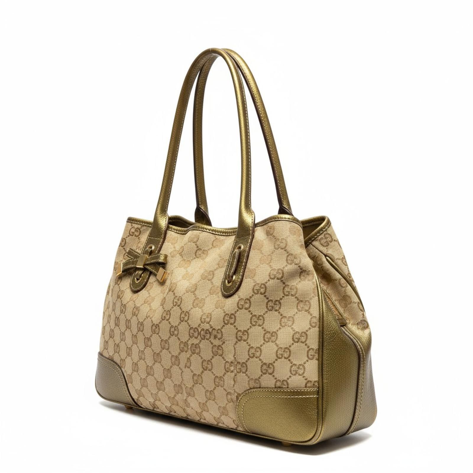 Gucci Gucci - Beige Monogram Canvas Handbag with Gold Leather Trim Size ONE SIZE - 1 Thumbnail