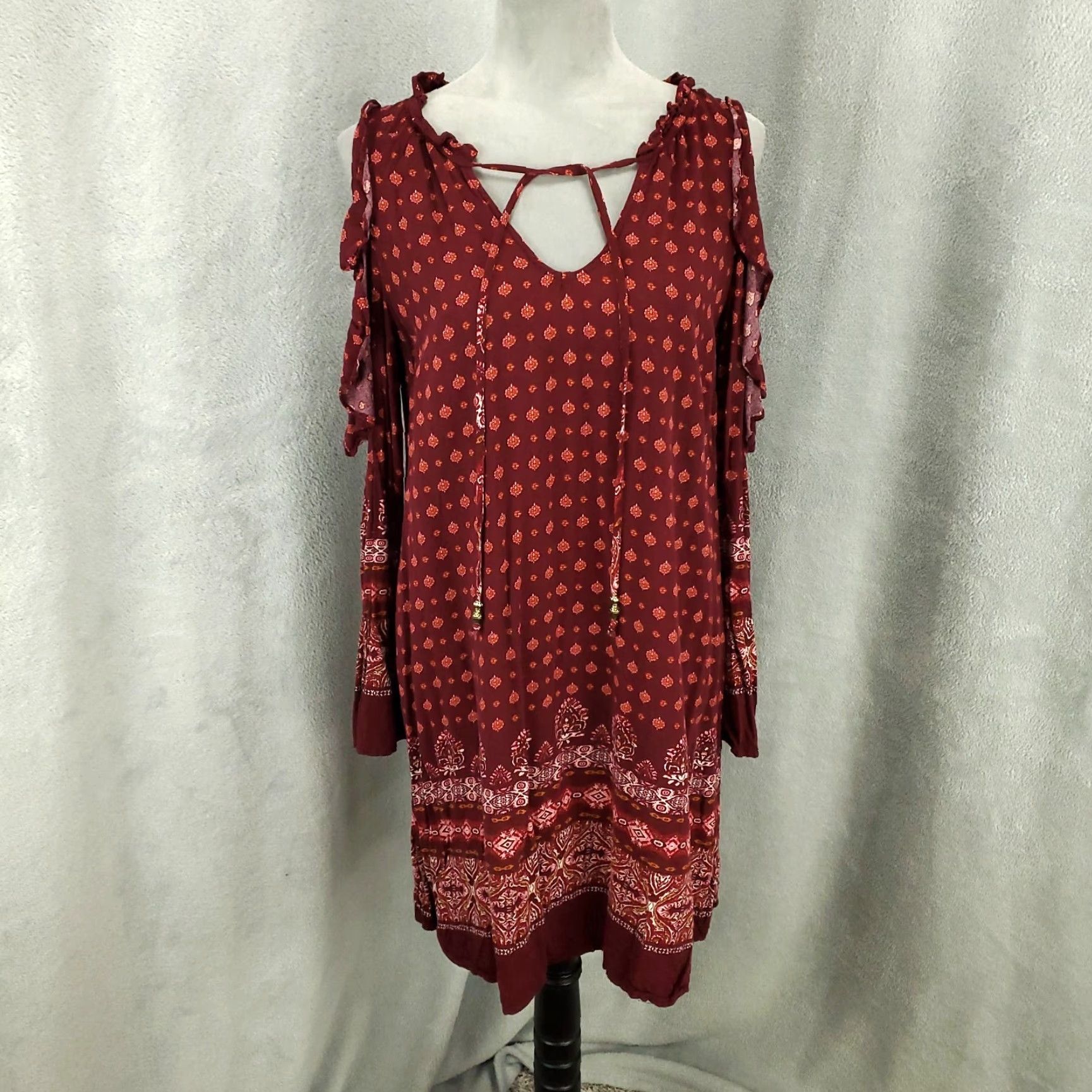 Vintage Know Rose Tunic Womens XL Cold Shoulder Boho Ruffle Tie Tassled Mini Dress Size XL / US 12-14 / IT 48-50 - 2 Thumbnail