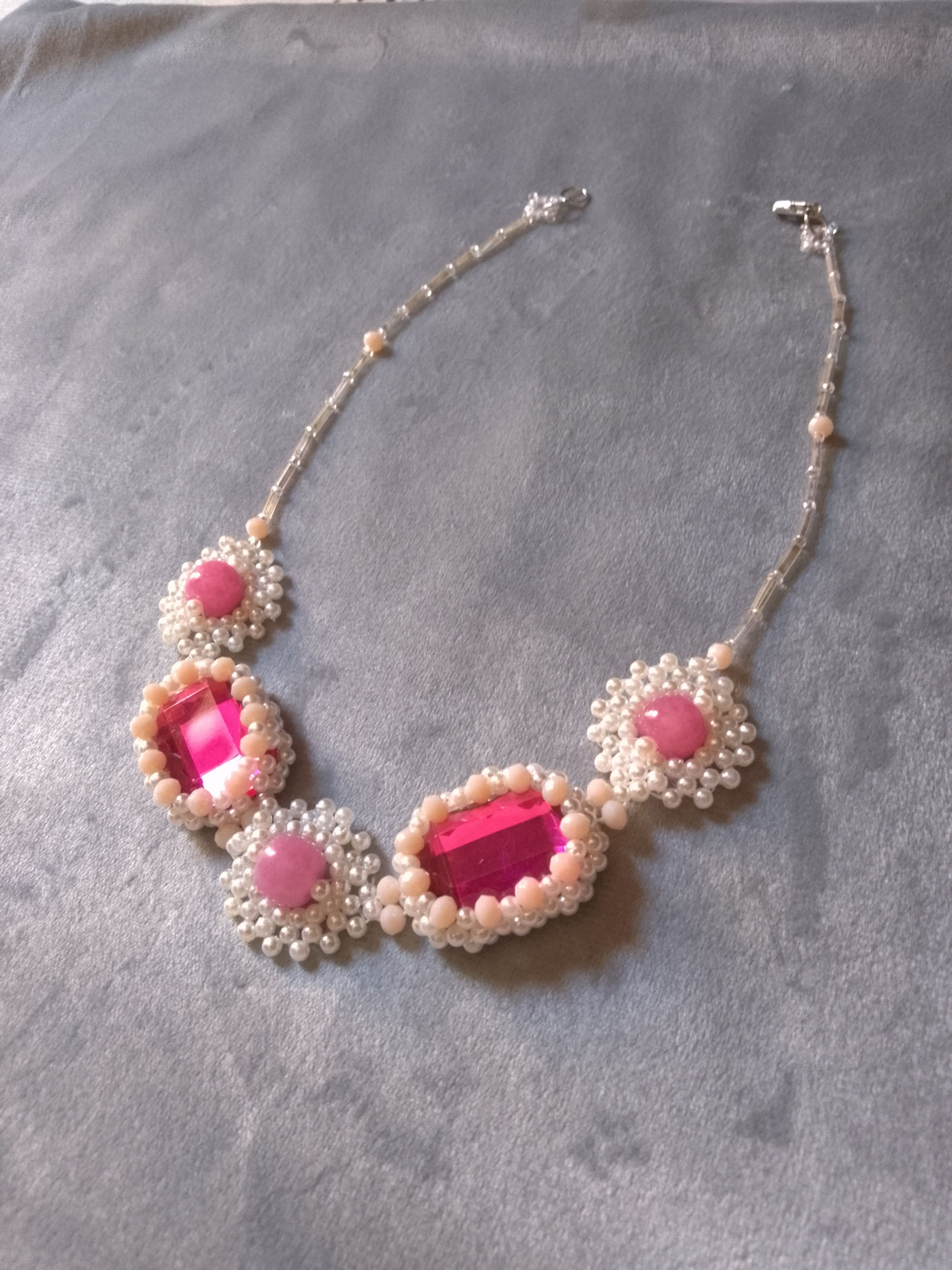 Handmade Beaded necklace pink Zircons & natural jade gemstones Size ONE SIZE - 3 Thumbnail