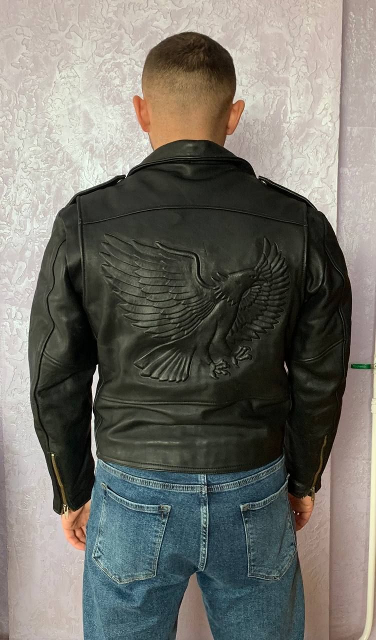 Pre-owned Leather Jacket X Vintage Black Leather Motorcycle Jacket Eagle On Back