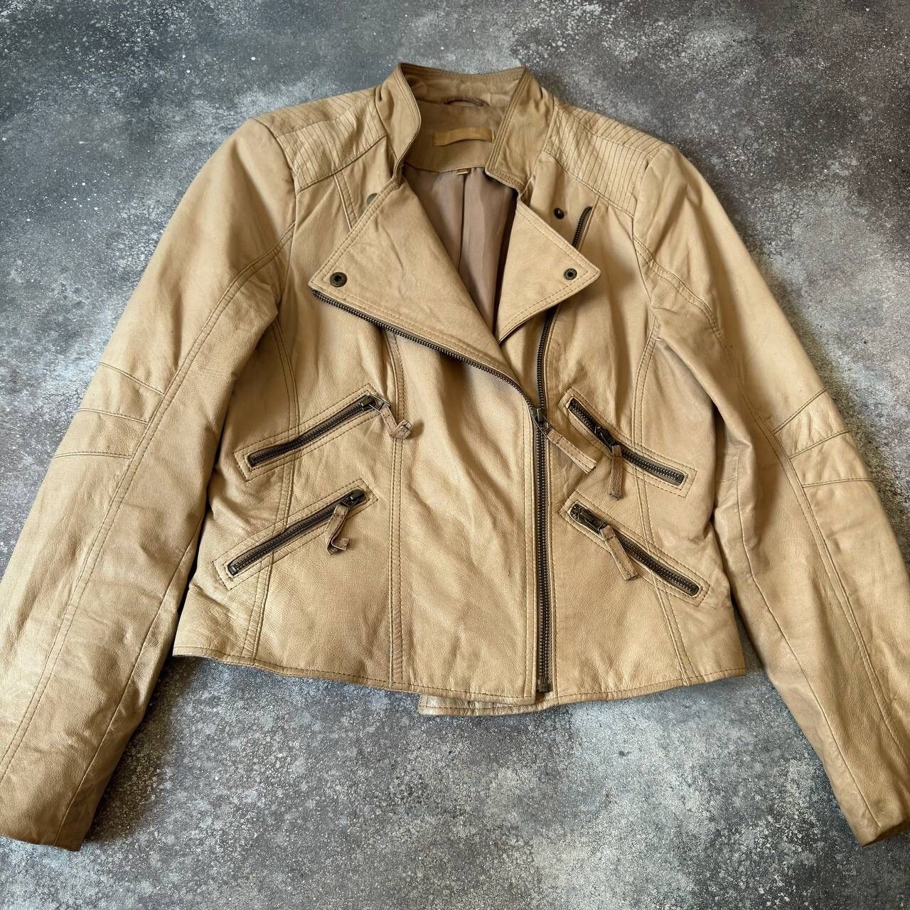 image of If Six Was Nine x Leather Jacket Vintage Multipocket Biker Leather Jacket in Beige, Women's (Size M