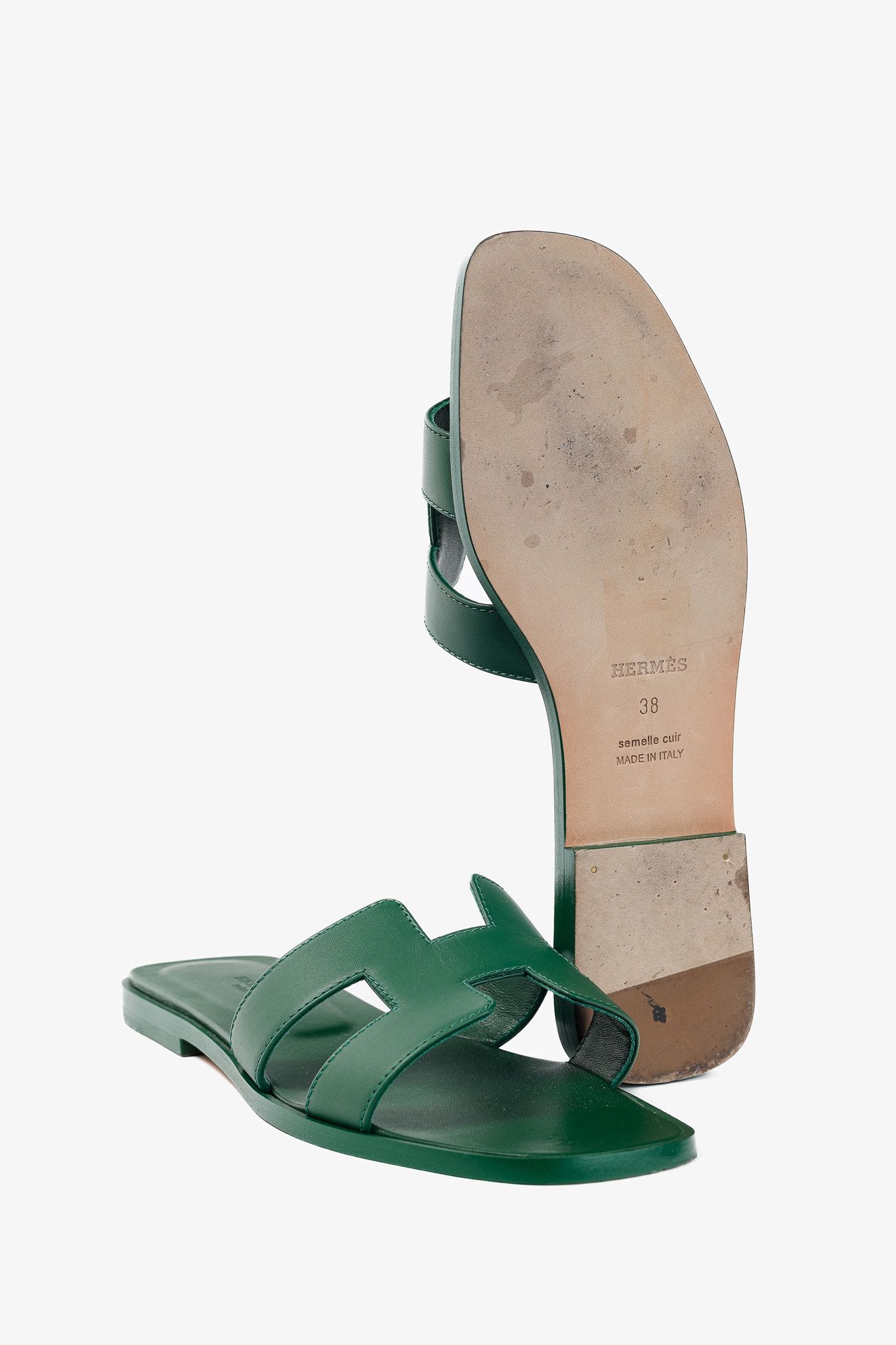 Hermes Hermes Oran Vert Electrique Calfskin H-Strap Sandals Size US 7.5 / IT 37.5 - 5 Thumbnail