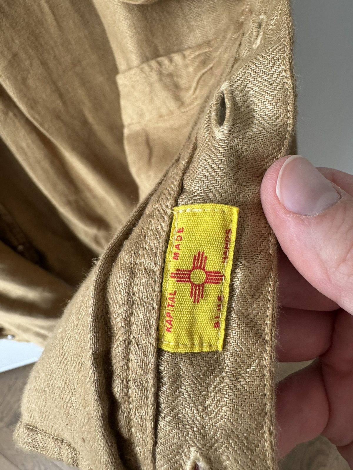 Kapital [2] Gauze Linen Herringbone Stand Penny Shirt in Gold (SS23) Size US M / EU 48-50 / 2 - 8 Thumbnail