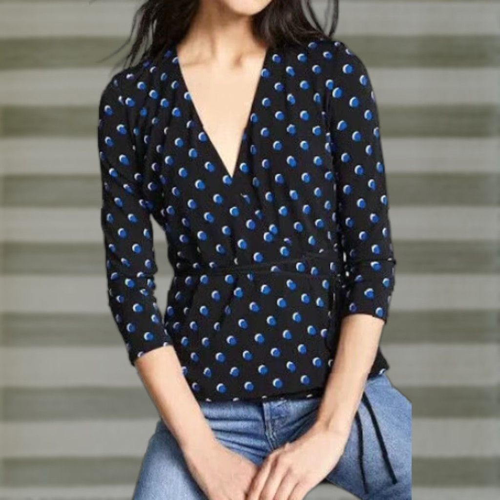 Bailey 44 Blouse NWT Women's 3/4 Sleeve Wrapture Dot Top M Black Blue USA  Made