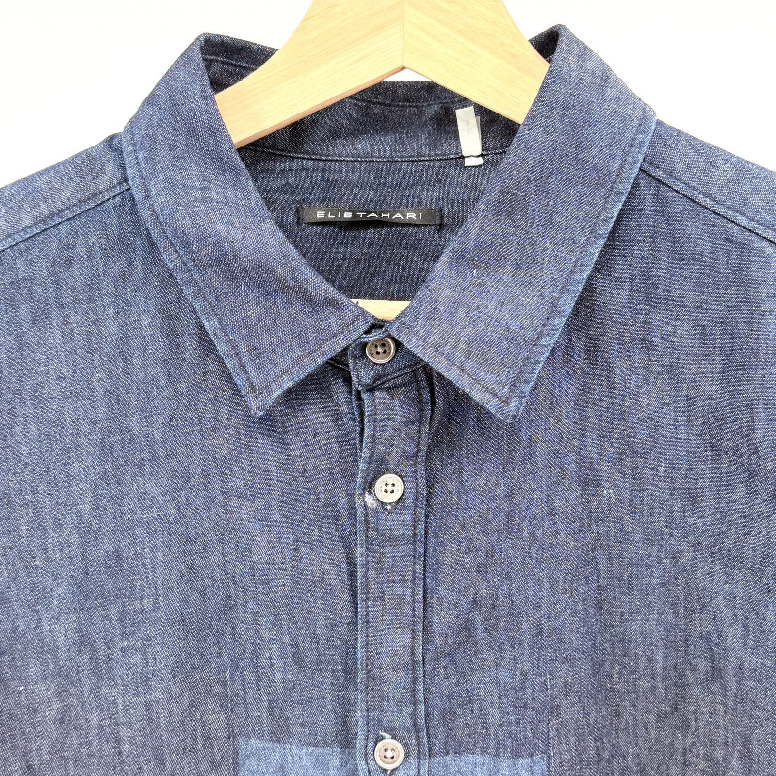 Elie Tahari Blue Cotton Linen Chambray Colorblock Patchwork Shirt Size US L / EU 52-54 / 3 - 2 Thumbnail