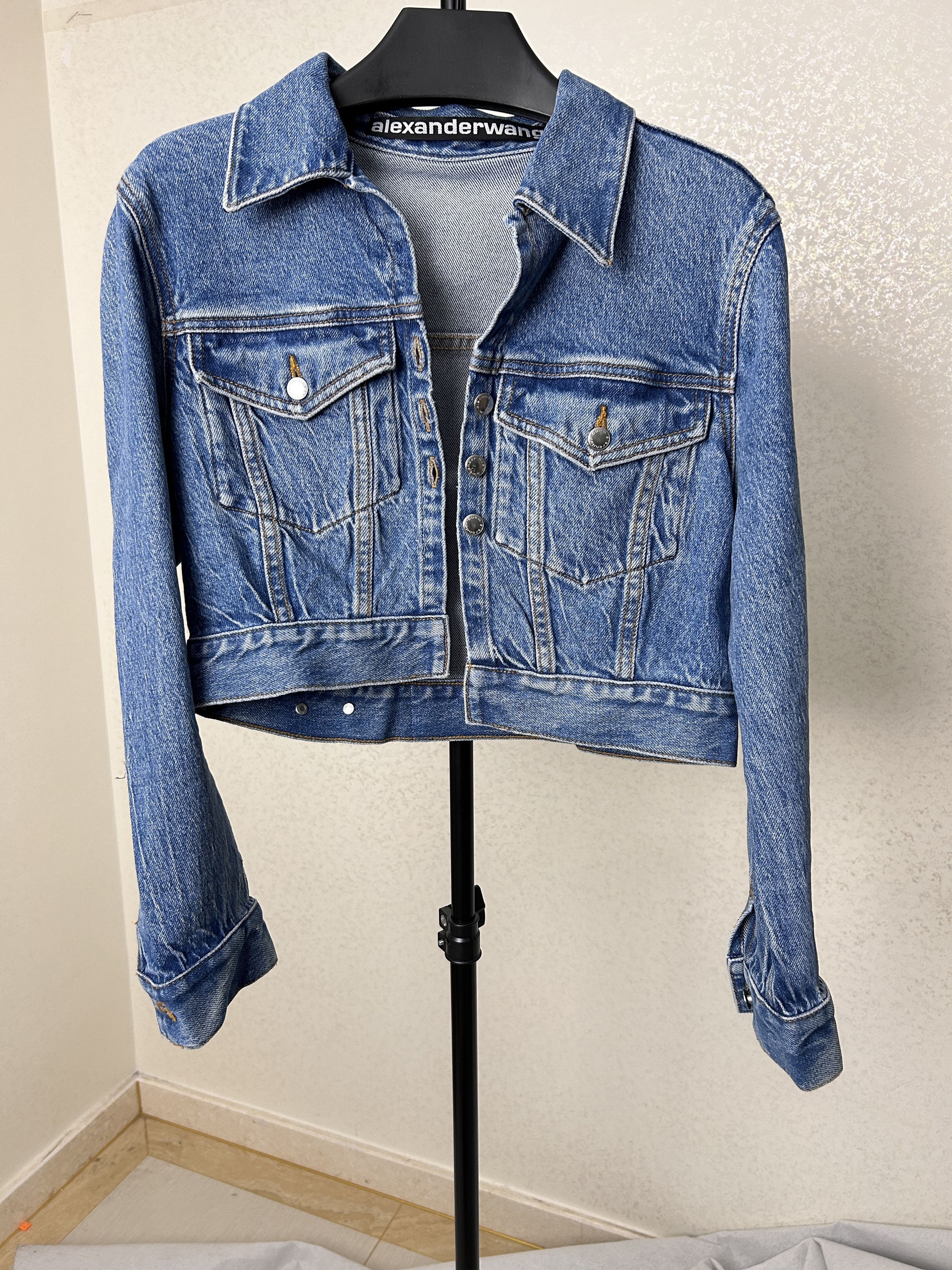 image of Alexander Wang Cropped Denim Trucker Jacket In Clear Hotfix in Blue, Women's (Size Medium)