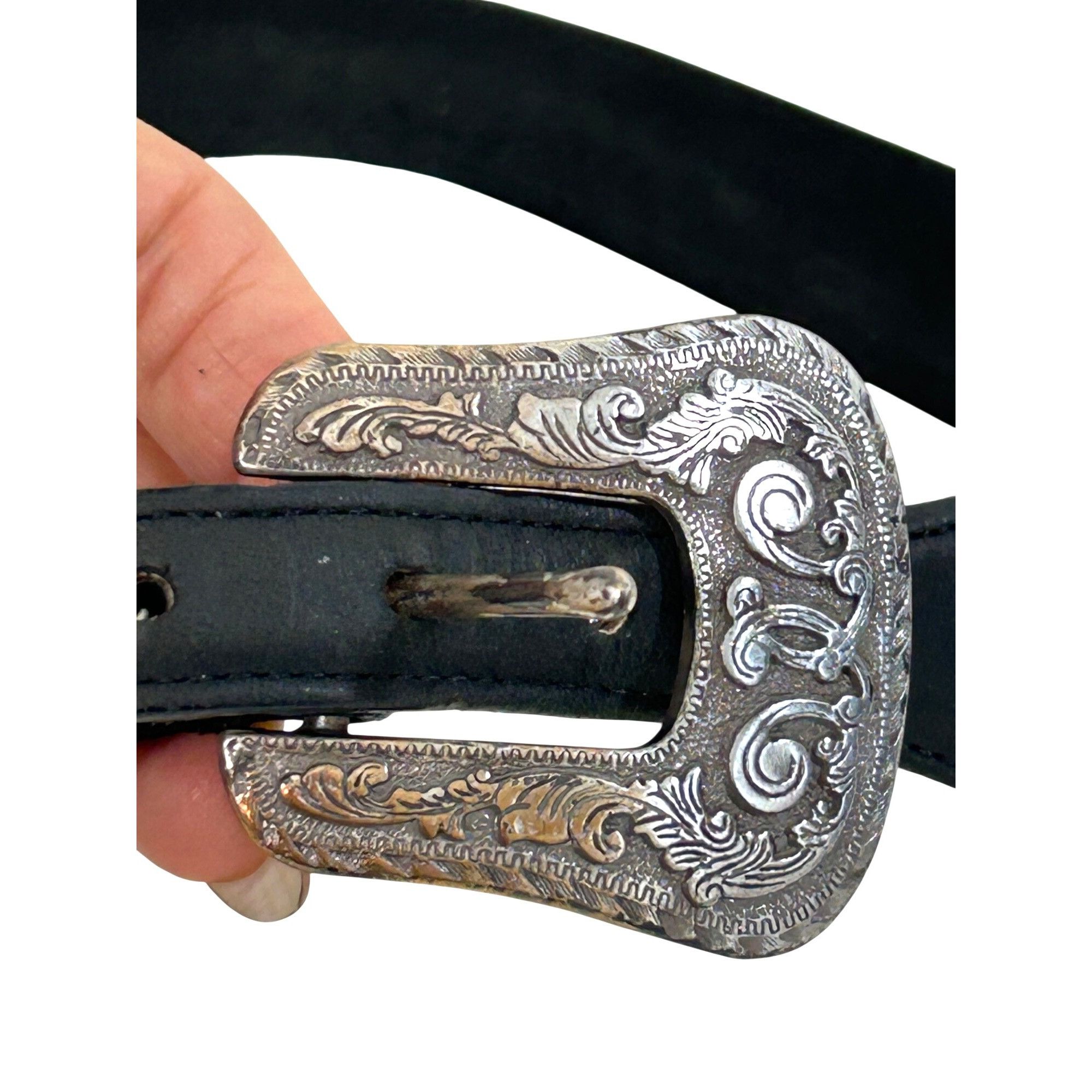 Justin Justin Belt Black 30 Vtg Leather USA Silver-plated 1993 Eng Size ONE SIZE - 5 Thumbnail