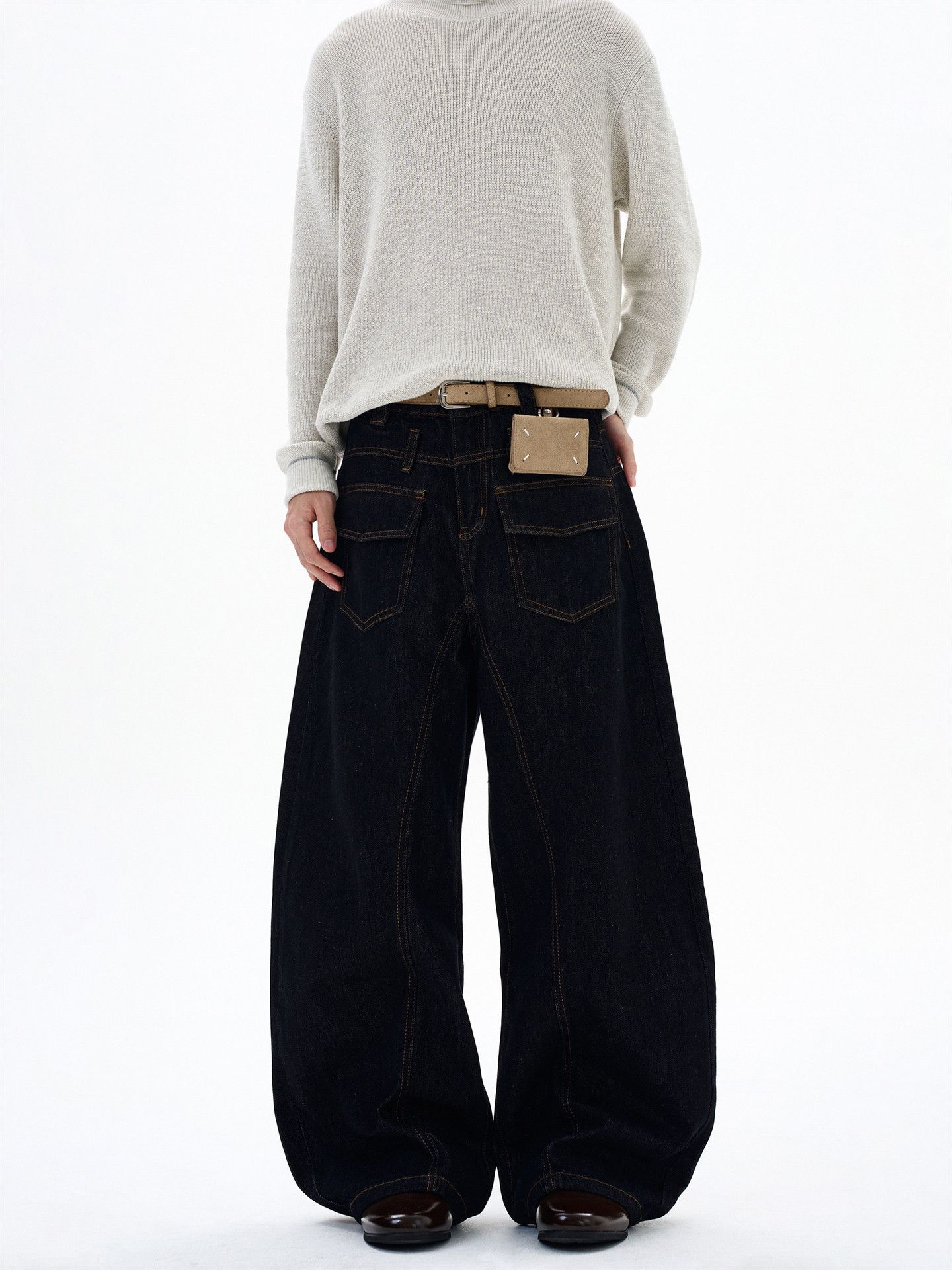 Japanese Brand Men's Black Loose Straight-Leg Washed Curved-Cut Jeans Size US 32 / EU 48 - 2 Thumbnail