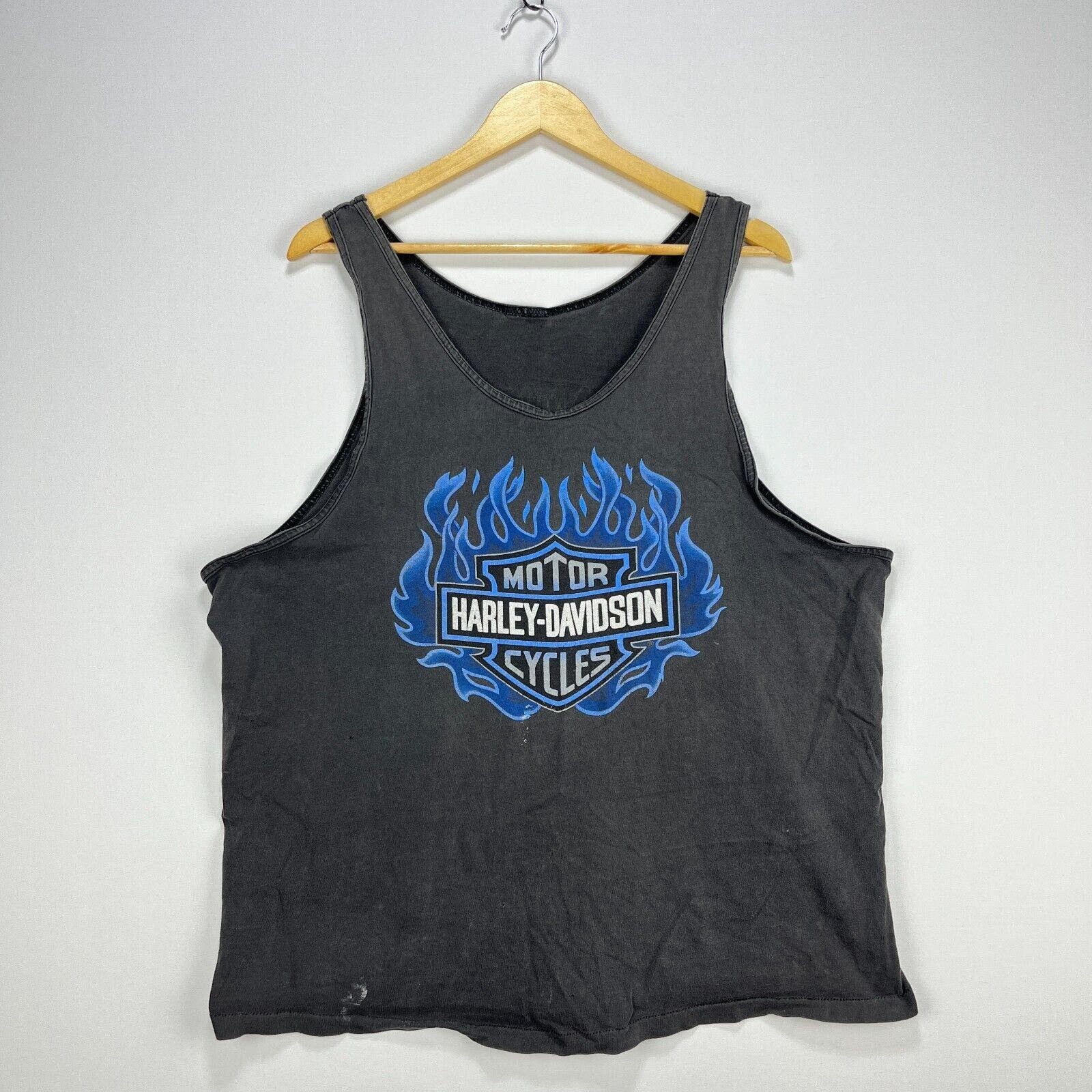 image of Vintage 90's Harley Davidson Flames Tanktop Shirt Faded in Black, Men's (Size 2XL)